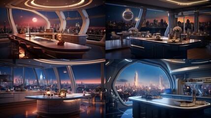 A modern celestial city kitchen with skyscraper-inspired decor, starlit cityscape views, and futuristic lighting