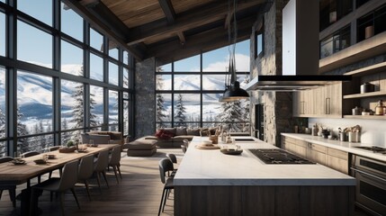 A modern mountain cabin kitchen with stone accents, reclaimed wood, and large windows framing snowy views