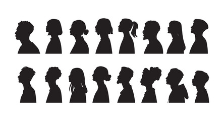 Silhouette heads.Set of profile face of different people. Man and woman heads in profile symbol.Set man and woman head icon silhouette. Anonymous faces portraits, black outline photo design