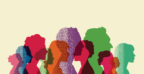 Different people stand side by side together. Group colored silhouette people from the side Men and women portraits. Community of colleagues or collaborators, inclusive education, diversity co-workers