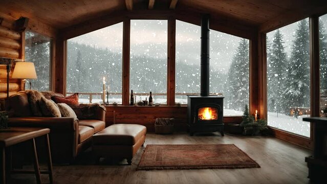 Cozy living room with fireplace near floormat. Snow falling outside the window. Animated virtual background. 