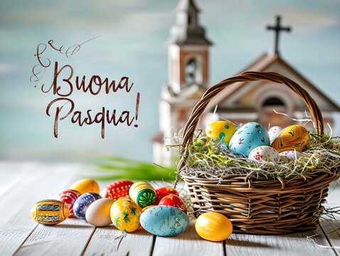 Easter Card Template with a Basket of colorful Eggs in front of a Church. 'Buona Pasqua' Text Calligraphy