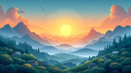 illustration of a landscape with mountains, sky and village houses