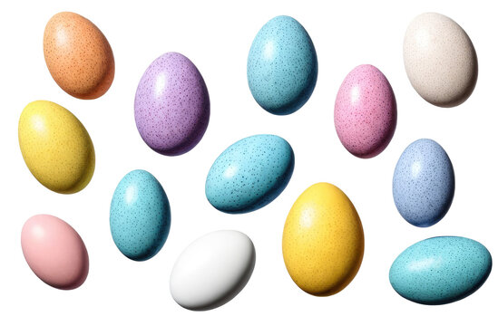 Set of simple watercolor drawn multi-colored Easter eggs in pastel color on white isolated transparent background in uniform style