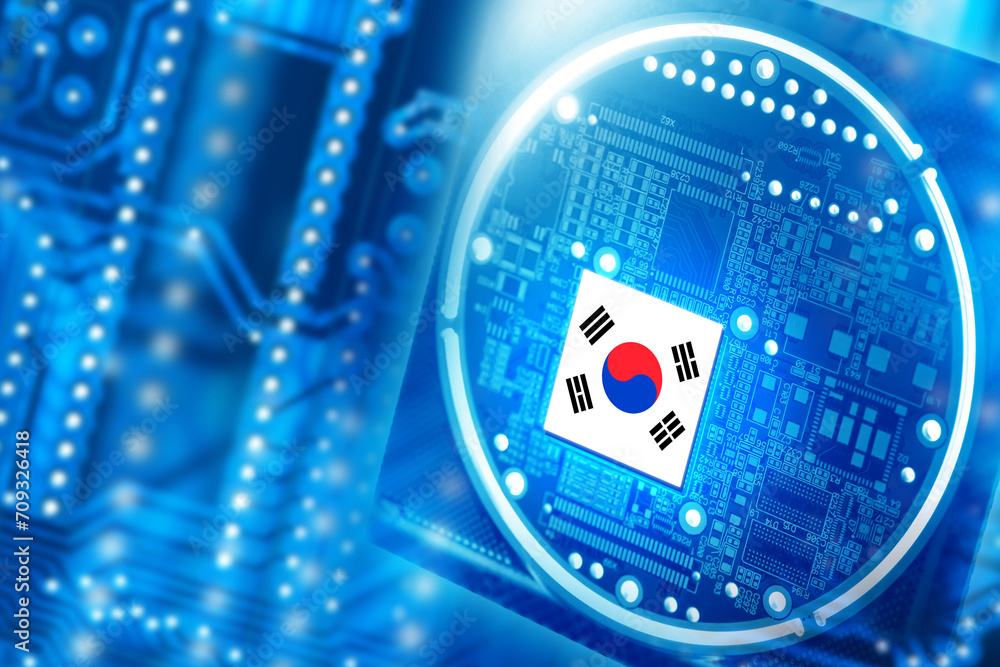 Poster microboard with south korea flag. microprocessor close-up. computer board is made in south korea. ko
