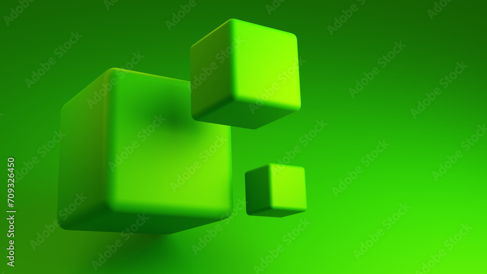 Poster green background. cubes different sizes. geometric backdrop texture with volumetric cubes. geometric