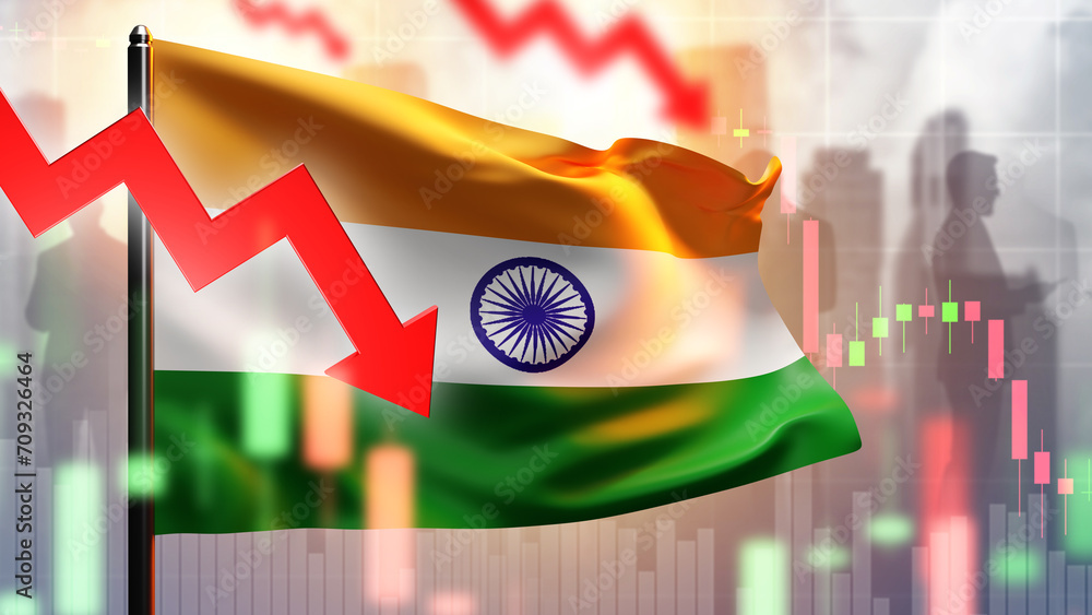 Wall mural economy of india. crisis charts. financial collapse. india flag with quotes. recession crisis. poor 