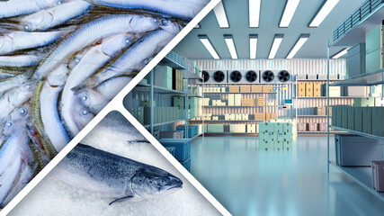 Refrigerator with frozen fish. Industrial freezer warehouse. Storing frozen seafood. Fish factory...