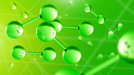 Scientific background. Molecules under microscope. Chemical elements. Green scientific backdrop. Background with molecules. Chemical mesh of substance. Scientific decoration. 3d image