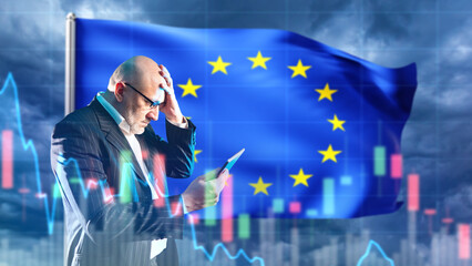 Investor from European union. Upset businessman. Man trader lost investment. European union flag...