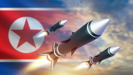 Naklejka na ściany i meble Ballistic missiles. North Korea flag. Air defense missiles. Missile exercises in north Korea. Ballistic missiles among debris. Modern weapons of DPRK. Air defense repels attack. 3d image