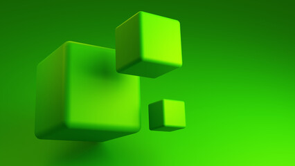 Green background. Cubes different sizes. Geometric backdrop texture with volumetric cubes. Geometric pattern. Background for advertising. Geometric wallpaper. Background with green squares. 3d image