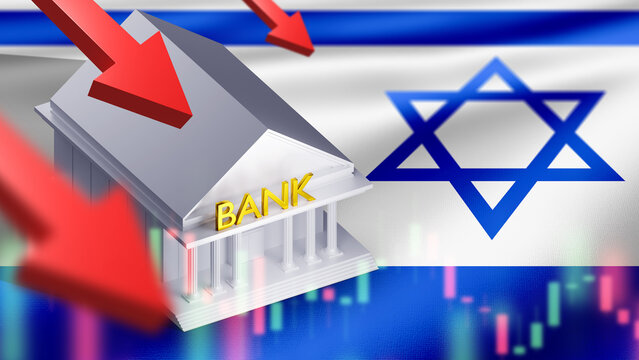 Crisis Israel economy. Bank building on national flag. Crisis financial chart. Israel banking system. Stirring down metaphor for economic problems. Quotes crisis and recession in Israel. 3d image