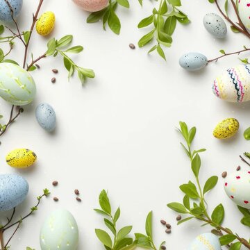 Happy Easter greeting background with Easter eggs. Background for social media posting.