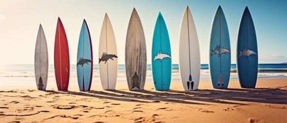 Surfboards on the beach at sunset. Colorful surfboards background. Surfboards with abstract pattern. Surfboards on the beach. Vacation Concept. Panoramic banner with copy space.