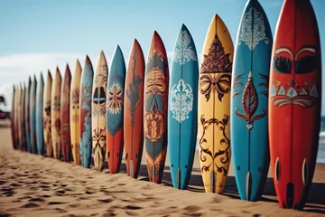 Foto op Plexiglas Surfboards on the beach at sunset. Colorful surfboards background. Surfboards with abstract pattern. Surfboards on the beach. Vacation Concept. Panoramic banner with copy space. © John Martin