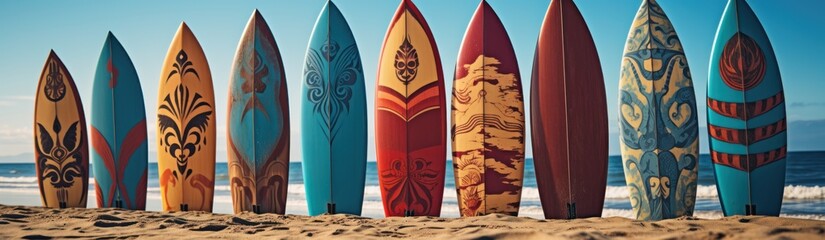 Surfboards on the beach at sunset. Colorful surfboards background. Surfboards with abstract pattern. Surfboards on the beach. Vacation Concept. Panoramic banner with copy space.