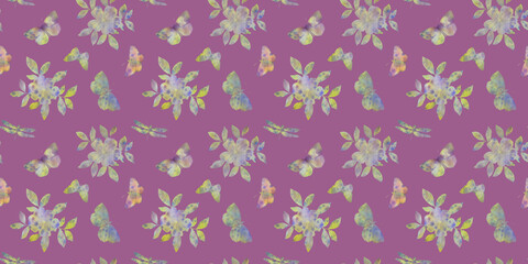 flowers and butterflies, seamless watercolor pattern on a purple background for wrapping paper and wallpaper.