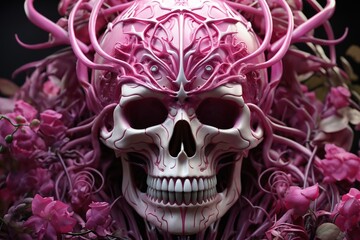 a skull with pink roots, flowers and branches on a dark background