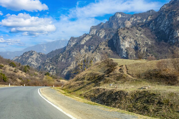 Highway in the mountains. The nature of Armenia. Mountain ranges and highways.  The surroundings of the tourist city of Dilijan.