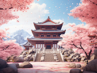 Traditional Japanese style temple building in pink cherry blossom woods in Spring. Spring seasonal concept. 