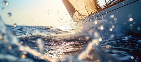 High quality photograph of a yacht sailing in the open sea, capturing a close-up side view with splashes of water against a clear sky after rain.
