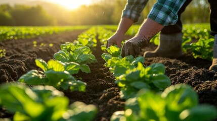A farmer planting rows of vibrant green vegetables in a sunlit field, showcasing the beginning of the food production cycle. [Vegetable planting in the field] - obrazy, fototapety, plakaty
