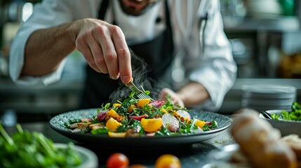A chef in a restaurant kitchen meticulously plating a dish using fresh, locally sourced ingredients, showcasing the final step in food production. [Chef plating local ingredients]