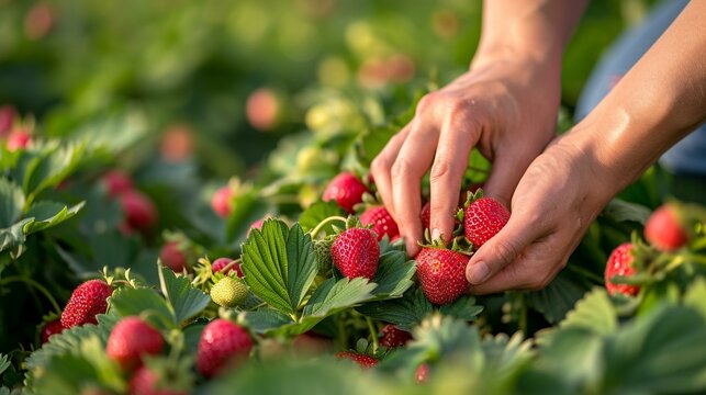 Close-up of hands picking ripe strawberries from a field, showcasing the delicate process of harvesting berries for food production. [Strawberry picking in the field]