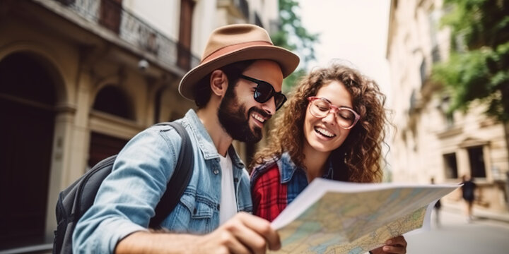 Joyful 30 - Year - Old Aged Couple, A Man And Woman Looking For Direction In The City, They Are Holding A Map. Fun, Friends, Travel And Tourism Concept