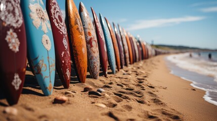 Surfboards on the beach at sunset. Colorful surfboards background. Surfboards with abstract pattern. Surfboards on the beach. Vacation Concept. Panoramic banner with copy space.