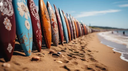Rolgordijnen Surfboards on the beach at sunset. Colorful surfboards background. Surfboards with abstract pattern. Surfboards on the beach. Vacation Concept. Panoramic banner with copy space. © John Martin