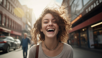 A happy young woman outside in a city street