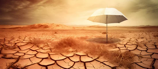Fotobehang Cracked, scorched earth and a beach umbrella. Global warming and climate change concept. Banner. © Marina