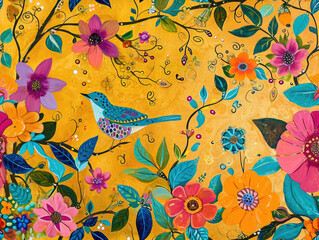 Beautiful Timeless Classic Victorian style Poetic and Hand Painted Retro Fine Art canvas for wallpaper and background with Colorful Peacocks, birds, Flowers and plants, Nature-inspired and floral