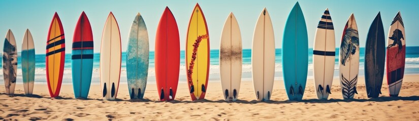 Surfboards on the beach at sunset. Colorful surfboards background. Surfboards with abstract pattern. Surfboards on the beach. Vacation Concept. Panoramic banner with copy space.