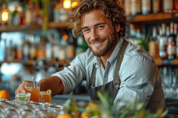 A handsome male bartender serves various cocktails at the bar. The concept of rest and weekends