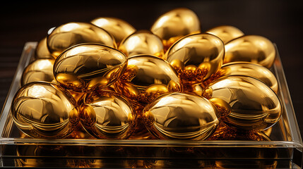 Close up of luxary glossy golden metal eggs lie on box