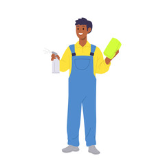 Happy smiling carwash worker cartoon character holding sponge and detergent in hands ready to work