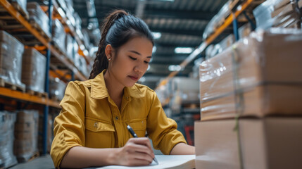 A young worker checks inventory and keeps records in a retail warehouse. A woman works in a logistics distribution center. Business concept, worker.