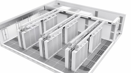 Contour visualization of data center floor, mining farm, server room with rows of server racks. 3d animation isolated on white - Powered by Adobe