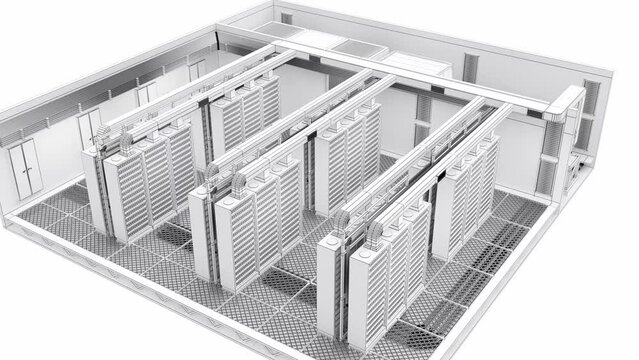 Contour visualization of data center floor, mining farm, server room with rows of server racks. 3d animation isolated on white