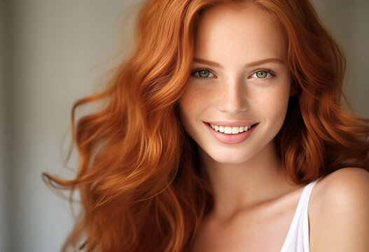 Radiant Woman with Flowing Auburn Hair Smiling Generative AI image