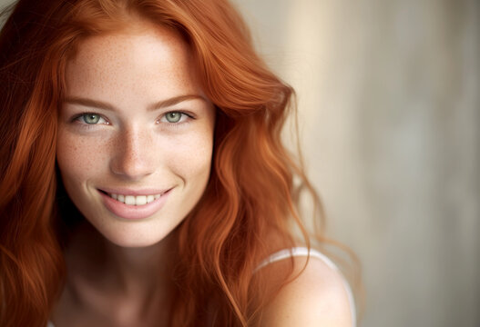 Radiant redhead woman with a captivating smile Generative AI image