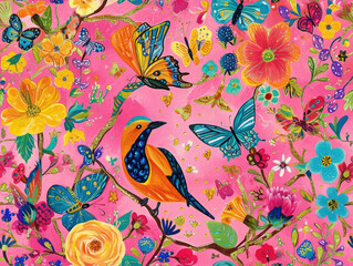Obraz premium Beautiful Timeless Classic Victorian style Poetic and Hand Painted Retro Fine Art canvas for wallpaper and background with Colorful Peacocks, birds, Flowers and plants, Nature-inspired and floral