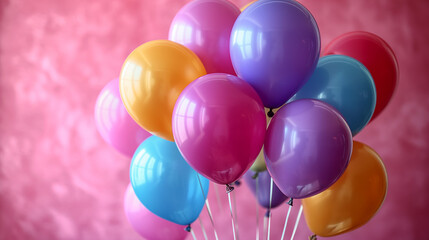 Fototapeta na wymiar A bunch of multicolored balloons with helium on a pink background. balloons for birthday, party, wedding or promotion banners or posters.