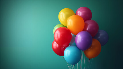 Fototapeta na wymiar A bunch of multicolored balloons with helium on a green background. balloons for birthday, party, wedding or promotion banners or posters.