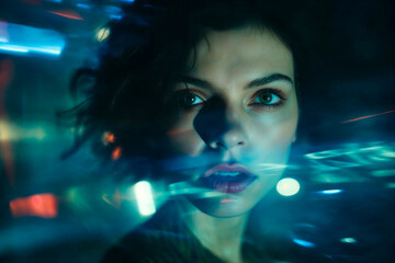 Mysterious woman with reflective lights and shadows Generative AI image