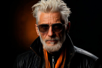 Stylish senior man in leather jacket and sunglasses Generative AI image