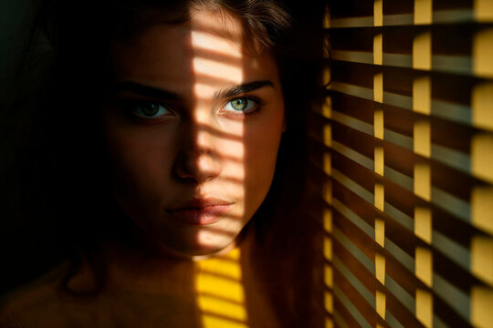 Mysterious woman with shadows on her face Generative AI image